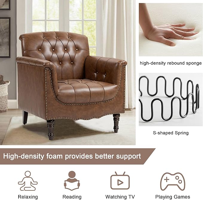 Lumibee Faux Leather Armchair, Contemporary Accent Chair with Nailhead Trims & Wood Legs for Living Room, Upholstered Comfy Arm Chair for Office,Bedroom-Brown