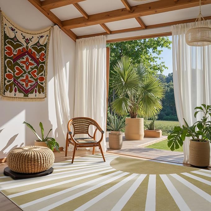 Lahome Machine Washable Rugs 8'x10' - Non-Slip Ultra-Thin Living Room Rug 8x10, Boho Rainbow Sun Print Indoor Soft Carpet for Dining Room Table Office (8'x10', Khaki)