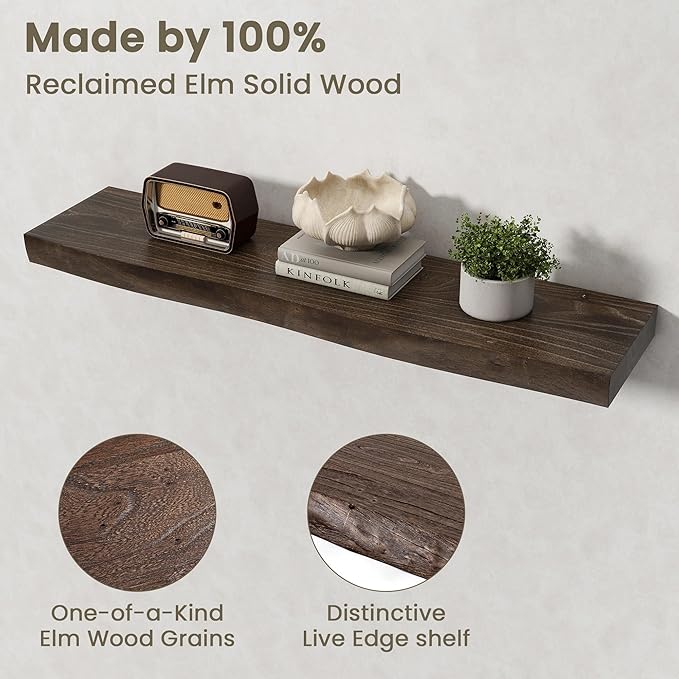 Fun Memories Floating Shelves for Wall Decor Set of 2-36 Inch Solid Elm Wood Live Edge - Rustic Walnut Wall Shelves with Invisible Brackets - for Living Room, Bedroom, Kitchen - Walnut Finish