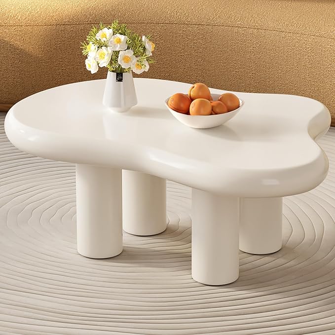 35.82" White Cloud Coffee Table, Modern Round Edge Coffee Table with 4 Sturdy Support Legs and 2.67" Thick Tabletop,Easy Match for Living Room, Bedroom, Balcony, Patio