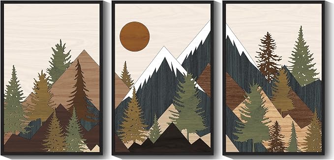 KUVIOKE Morden Mountains Framed Wall Art Boho Pine Tree Forest Nature Landscape Artwork Bohemain Farmhouse Rustic Bedroom Living Room Decor 24x36in (Black Framed)