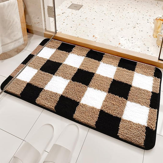 Checkered Bath Mat - Super Absorbent, Soft and Thick, Rubber Backing Non-Slip, Machine Washable Shower Rug, Bath Mat, Bathroom Home Decor Accessories, 20"x31" (50x80cm), Brown