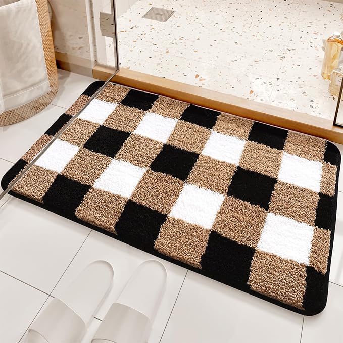 Checkered Bath Mat - Super Absorbent, Soft and Thick, Rubber Backing Non-Slip, Machine Washable Shower Rug, Bath Mat, Bathroom Home Decor Accessories, 16"x24" (40x60cm), Brown