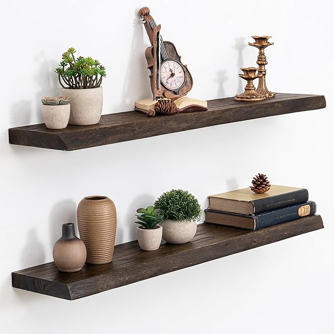 Extra Deep 36" Long Live Edge Rustic Floating Shelves for Wall, Solid Wood Wall Shelves with Invisible Bracket Mount for Living Room Bathroom Bedroom Kitchen, Set of 2, Natural