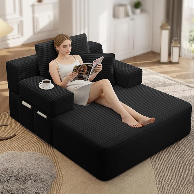 48.5" Oversized Chaise Lounge Chair Indoor, 3-in-1 Convertible Sleeper Sofa Bed, Plush Corduroy Boneless Chaise with 3 Pillows & Side Pockets, Adjustable Back/Armrest for Living Room -Black