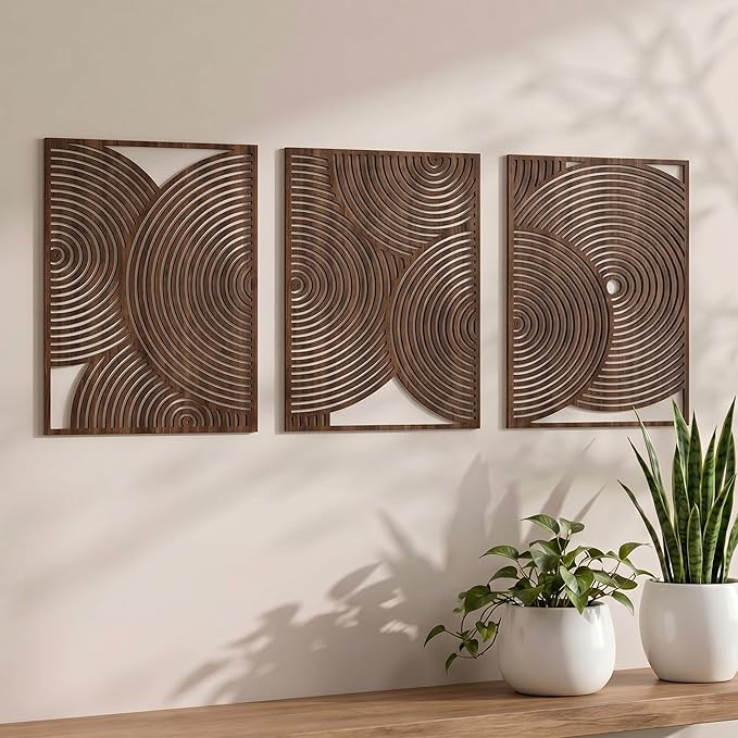 Yerliker 3 Pcs Mid Century Modern Wood Wall Art Decorations 3D Geometric Abstract Wall Sculpture for Living Room Bedroom Office Minimalist Aesthetic(Retro,15.75 x 15.75 x 1.97 Inch)