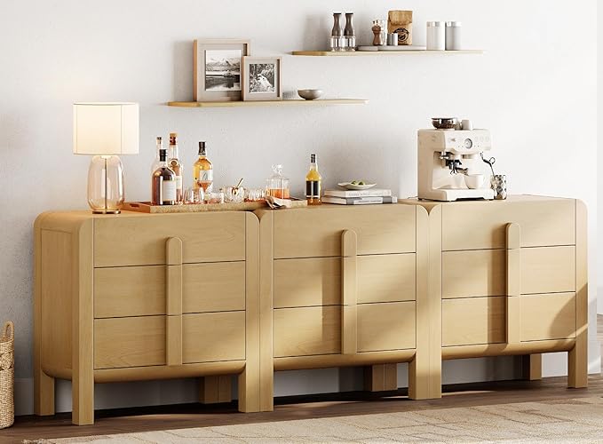 WAMPAT Large Sideboard Buffet Cabinet with Storage with 9 Drawers, Modern French 94.5" W Buffet Cabinet with Storage, Wood Coffee Bar Cabinets with Curved Edge Design for Kitchen Living Room, Oak