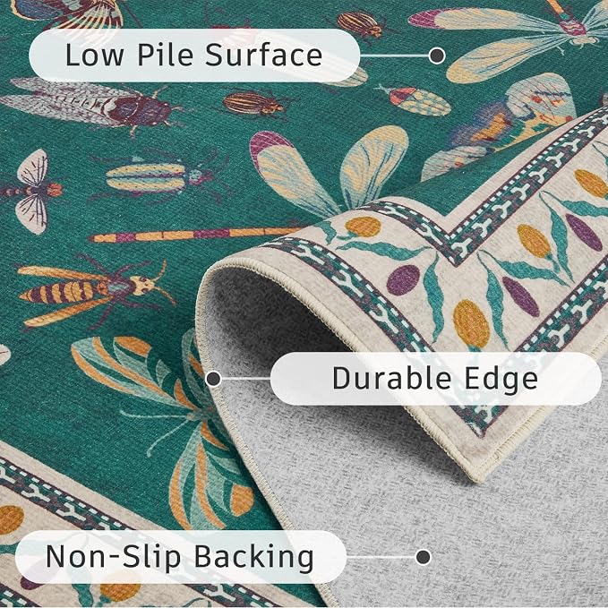 DCX 6x9 Washable Insect Rug, Vintage Gothic Deep Teal Rug with Non-Slip Rubber Backing, Soft Low-Pile, Stain-Resistant, Kid & Pet Friendly, for Living Room, Bedroom, Office, and Nature-Themed Decor