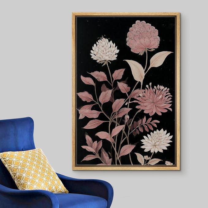 Woodrose Framed Canvas Print Wall Art Soft Pink Floral Arrangement Vintage Style Botanical Illustrations Modern Art Minimalist 3D Colorful Ultra for Living Room, Bedroom, Office - 16"x24" NATURAL