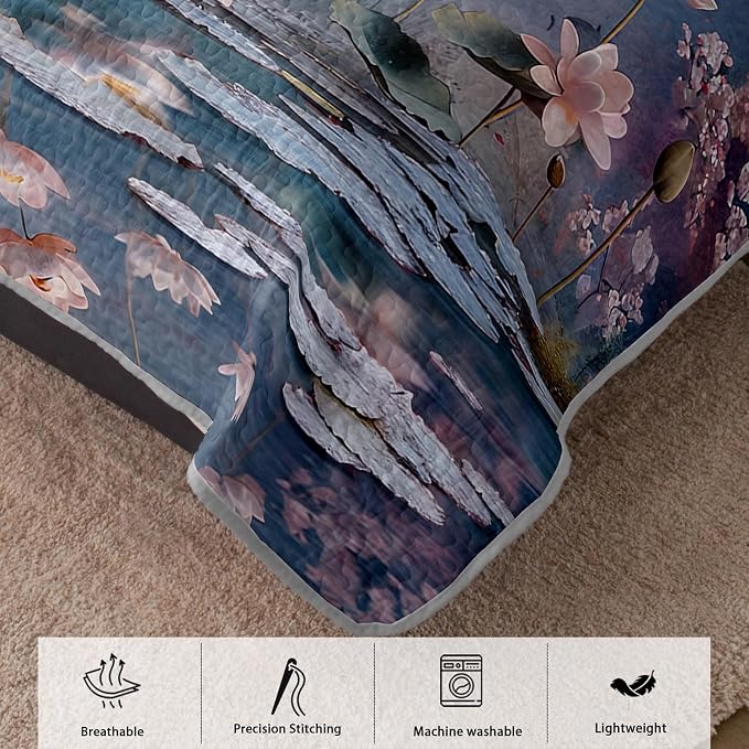 AILONEN Twin Quilted Comforter 3-Piece Set, Impressionist Lotus Pond Bedspread Coverlet with 2 Pillowcases, Soft Artistic Water Lilies Bedding for Students Dorm Blue Lavender Zen Painting