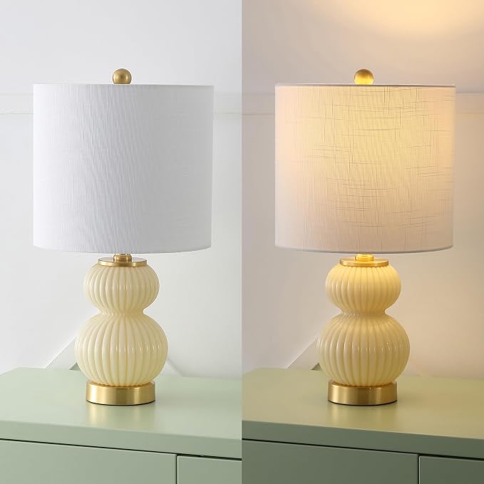 JONATHAN Y 20" Ivory/Brass Gold Ribbed Gourd Glass Table Lamp, Modern Bedside Lamp for Bedroom Living Room, White Linen Drum Shade, LED Bulb Included (JYL1099G)