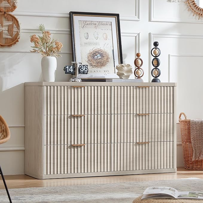 LEYAOYAO Fluted 6 Drawers Dresser Set of 2, 48" Wide Modern Chest of Drawers with Metal Handle, Light Grey Curved Profile Dresser TV Stand, Wooden Drawer Organizer for Bedroom, Living Room, Hallway