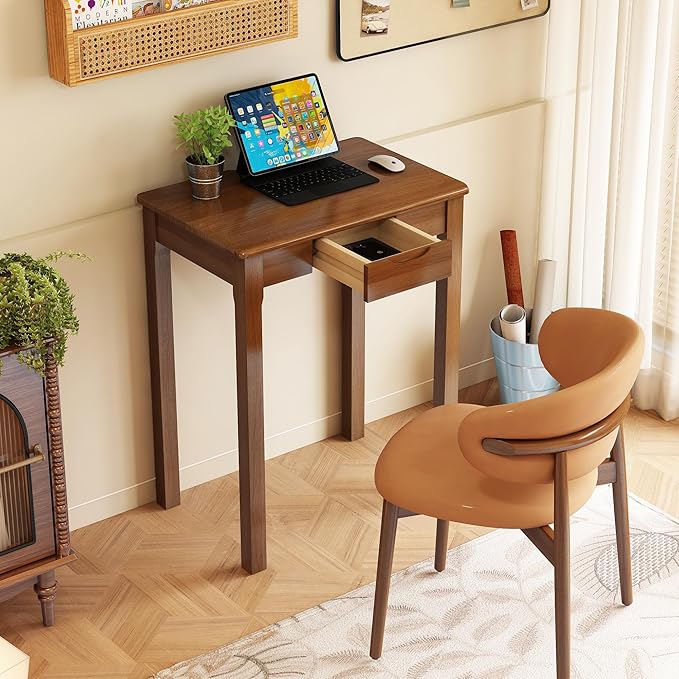 Wood Desk with Drawers - Solid Wood Mid Century Modern Desks for Bedroom, Small Computer Desk for Laptop, Study, Makeup, 23.6 W x 29.5 H x 15.7 D in, Walnut Color