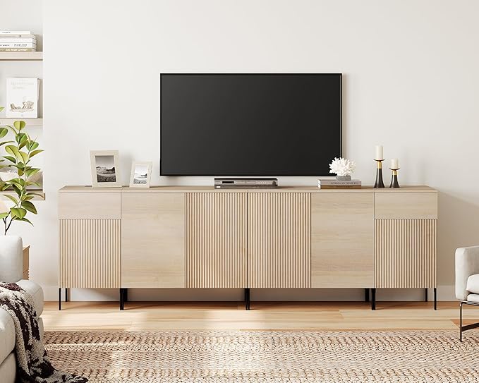 WAMPAT 94.5" Buffet Sideboard Cabinet with 2 Drawers & 6 Doors,4-in-1 Fluted Storage Credenza with Charging Station,Modern Buffet Table Coffee Bar Wine Bar Cabinet for Dining Room, Living Room,Beige