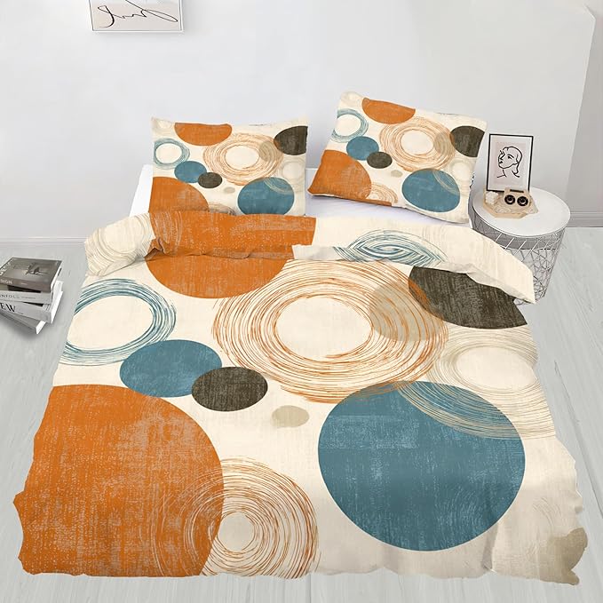 Retro Medieval Duvet Cover California King, Abstract Geometric Bedding Set 3 Piece Bedroom Decor Rural Farmhouse Comforter Cover and 2 Pillow Sham with Zipper Closure