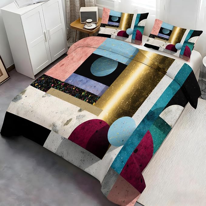 Multicolor Geometric Duvet Cover Oversized King, Mid Century Modern Bedding Set 3 Piece, Abstract Colorful Geometric Patterned Comforter Cover with Zipper Soft Microfiber, 2 Pillowcases