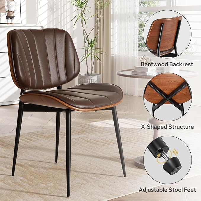 Dining Chairs Set of 4, Mid Century Modern Dining Room Chairs, Upholstered Faux Leather Kitchen Chairs with Walnut Bentwood Back and Metal Legs