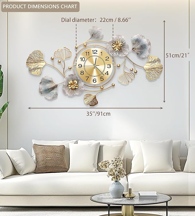 Clocks for Living Room, Large Wall Clock, 3D Silent Wall Clock, Retro Metal Ginkgo Leaf Design, for Bedroom Kitchen Decorative Wall Clocks（35''x20'' ）