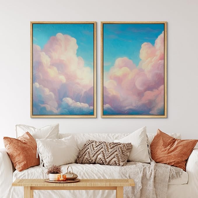 IDEA4WALL Framed Canvas Print Wall Art Set Pastel Sky Cloudscape Dreamy Pink and Blue Clouds Illustrations Modern Art Decorative Coastal Cottage Seascape for Bedroom - 16"x24"x2 NATURAL