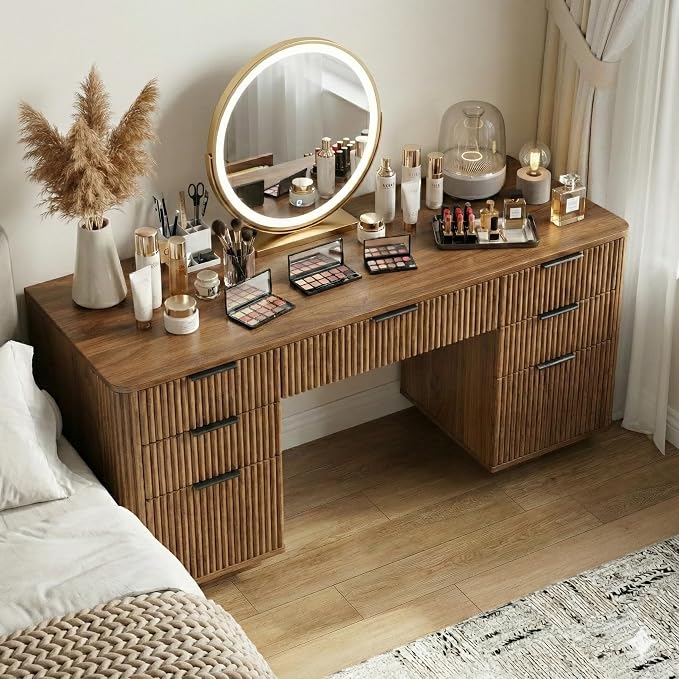 Walnut Desk with Drawers, 55" Fluted Executive Desk with Storage Cabinet, Wood Home Office Desk with File Cabinet, Modern Computer Writing Desk for Study, Living Room, Bedroom