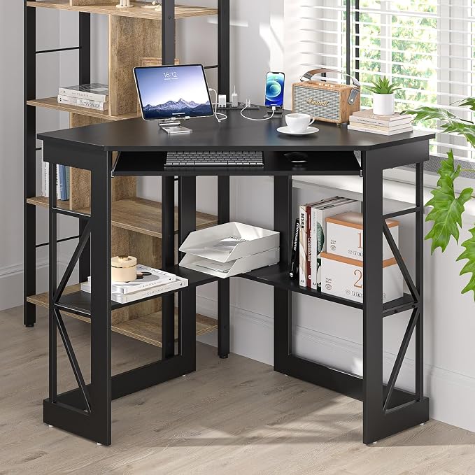 VECELO Corner Desk, Triangle Computer Desk for Small Space with Charging Station and Keyboard Tray, Corner Makeup Table with Storage Shelves for Home Office Bedroom, 41x30, Balck