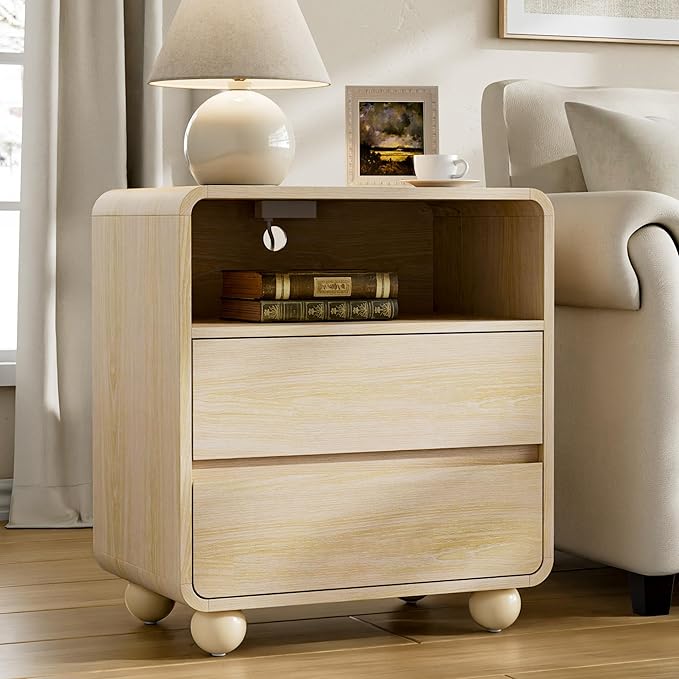 Lulive Wood Night Stand with Drawers, Modern Bedside End Table with Charging Station, Curved Profile Design Storage Nightstand for Bedroom, Natrual