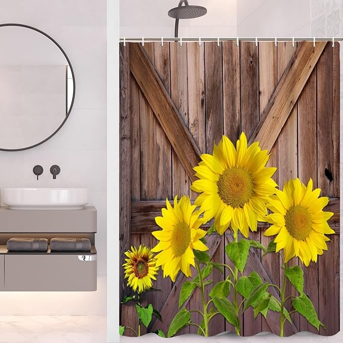 Rustic Farmhouse Shower Curtain for Bathroom Yellow Sunflowers Vintage Wood Door Shower Curtain Retro Country Washable Polyester Durable Fabric Shower Curtain with Hooks, 65x72 Inch
