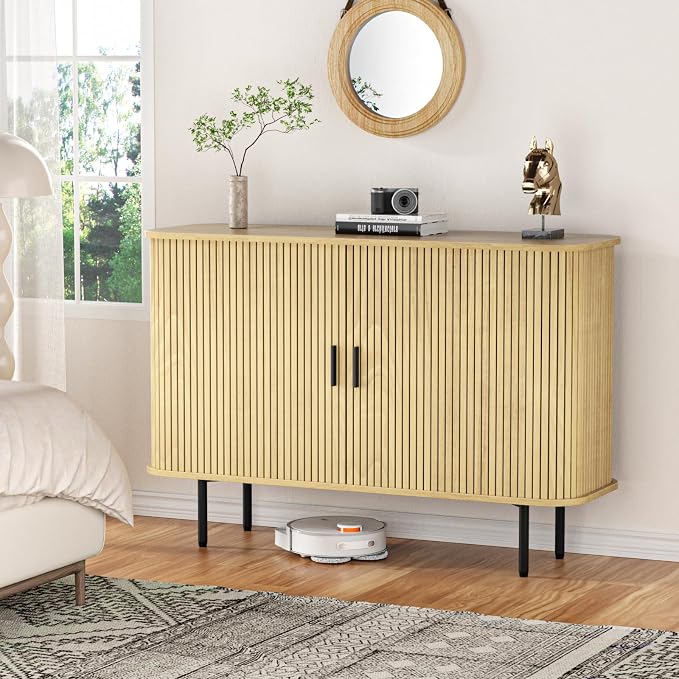 Vabches 47''W x 32''H Storage Cabinet, Fluted Sideboard Buffet Accent Cabinet with Storage, Console Table Credenza with Tambour Slatted Sliding Doors and Shelves for Living Room, Kitchen, Natural