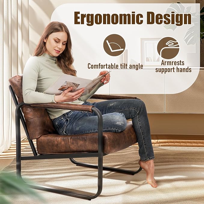 PrimeZone Mid-Century Modern Accent Chair Set of 3 - Comfy Faux Leather Living Room Chair, Lounge Armchair with Extra Soft Padded & Cushion, Ergonomic Accent Chair for Bedroom, Office, Brown
