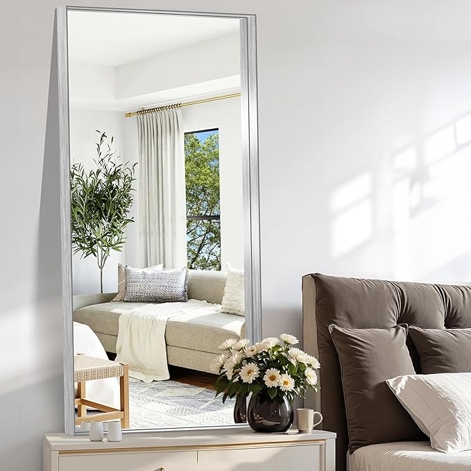 CIRCUMI Silver Bathroom Mirror, 24"x48" Rectangular Mirror with Deep Metal Frame, Brushed Finish, Tempered Glass, Large Mirror for Wall, Over 2 Sinks, Installed Vertically/Horizontally, Crystal-Clear