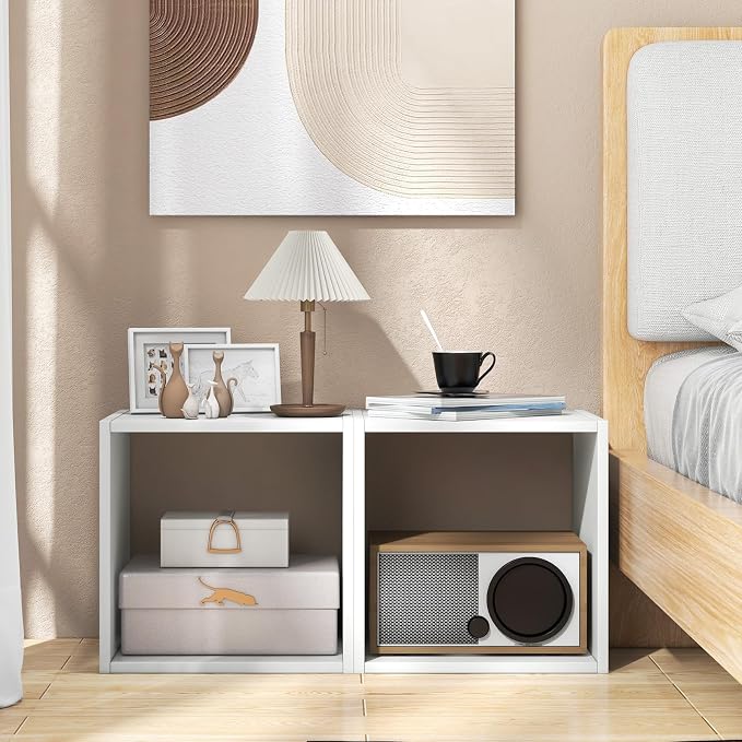 LOKO Stackable 2 Cube Storage Organizer, Freestanding Cubby Storage Bookcase with Anti-toppling Device, 2-Tier Bookshelf, Combinable Record Player Stand for Living Room Bedroom Study (1, White)