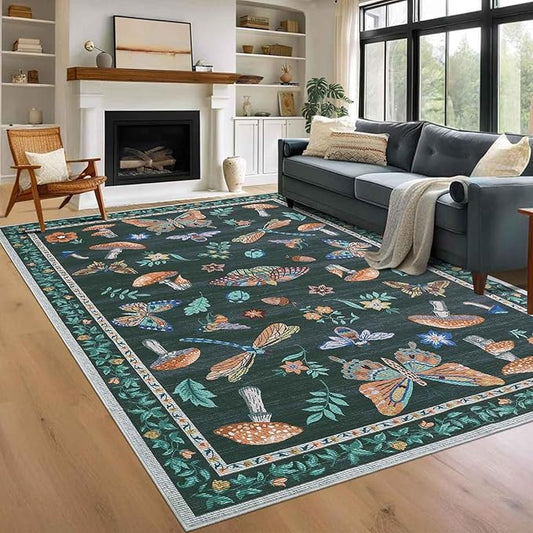 Washable 9x12 Black Area Rugs Living Room Large Rug Boho Vintage Floral Carpet Soft Bedroom Indoor Floor Mats Non-Slip Farmhouse Rustic Style Carpet for Nursery Dining Room Home Decor Office, Black