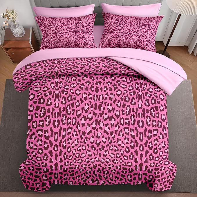 5Pcs Comforter Set Twin Size, Pink Leopard Cheetah Print, Bedding Decor Wildlife Animal Skin Bedroom Bed Set Flat Sheet Fitted Sheet Pillowcases Shams for Kids Adults