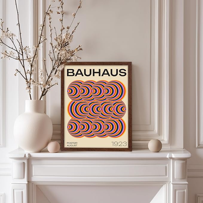 Poster Master Bauhaus Poster - Abstract Spiral Print - Geometric ART - Rainbow ART - Psychedelic Style - Chic Boho - Mid Century Modern - Living Room or Bedroom Decor - 8x10 Brown Framed