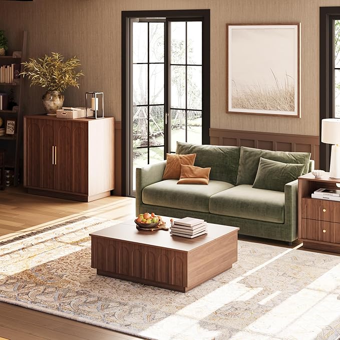 Sideboard Buffet Cabinet with Storage Set of 2, Mid Century Modern Accent Cabinet with Arched Doors, Modular Media Console, Credenza for Living Room Kitchen Dining Room Entryway, Walnut