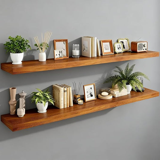 IAE Floating Wall Shelves 55 inch,Bathroom Shelving Wall Mounted,Invisible Shelf Floating Kitchen Shelves,Wooden Wall Shelf with Brackets for Living Room Wall Mounted,Easy Install,Set of 2,Teak