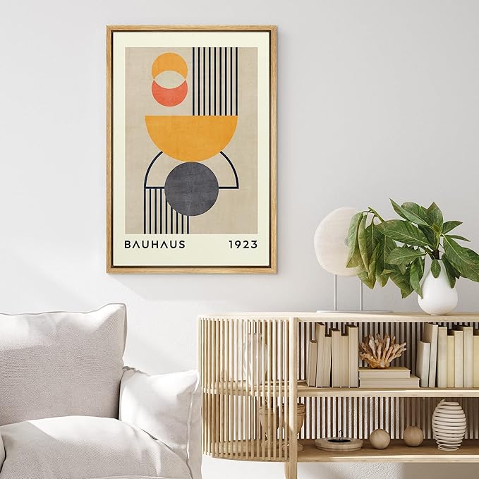 MUDECOR Framed Canvas Print Wall Art Bauhaus Orange Geometric Polygon Landscape Abstract Shapes Illustrations Fine Art Mid-Century Modern Multicolor for Living Room, Bedroom, Office - 16"x24" Natural