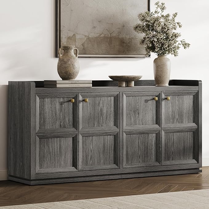 SICOTAS 61" Sideboard Buffet Cabinet with Storage, Extra Long 4 Door & Adjustable Shelf, Modern Accent Coffee Bar Console Table for Kitchen, Living Room, Hallway, Dark Gray Oak