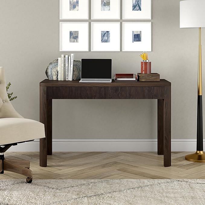 Henn&Hart 48" Fluted Modern Rectangular Home Office Desk Computer Desk Writing Table with 2 Ribbed Storage Drawers for Bedroom, Living Room, or Home Office, Rich Brown