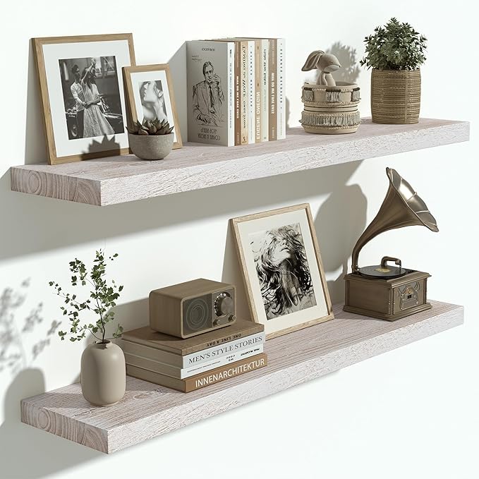 Vivelove Solid Wood Floating Shelves Set of 2, Elm Wood Wall Shelf with Invisible Bracket for Living Room Bedroom Bathroom Office, Rustic Farmhouse Display Shelf, 36 inch - Weathered White