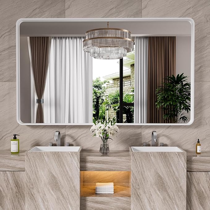 White Bathroom Mirror 60x30 Inch, White Metal Framed Bathroom Mirror for Wall, Rounded Rectangle Matte Bathroom Vanity Mirror, Tempered Glass, Anti-Rust, Horizontal/Vertical