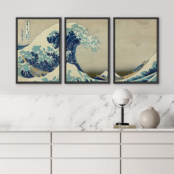 wall26 Framed Canvas Print Wall Art Set The Great Wave Off Kanagawa by Hokusai Cultural Historic Oil Painting Fine Art Reproduction Scenic Colorful for Living Room, Bedroom, Office - 24"x36"x3 Black