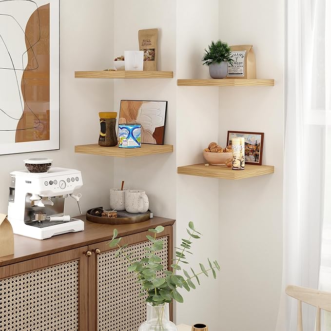 Fun Memories Square Floating Shelves for Wall - 12 Inch Deep Floating Shelves with Invisible Brackets, Oak Small Wall Shelf for Living Room, Bathroom, Bedroom, and Kitchen Decor，Set of 4