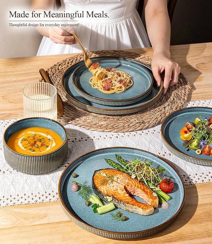GBHOME 24-Piece Stoneware Dinnerware Set for 8 – Ribbed Ceramic Plates and Bowls, Scratch-Resistant, Microwave & Dishwasher Safe, Reactive Glaze-Space Blue