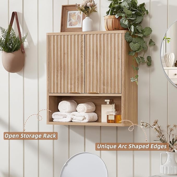 LEYAOYAO Fluted Bathroom Wall Cabinet, Wall-Mounted Medicine Cabinet with Adjustable Shelf & Doors, Farmhouse Floating Over the Toilet Storage Cabinets for Laundry Room, Kitchen, Living Room (Natural)