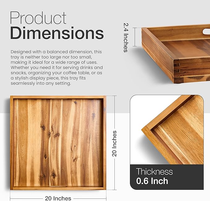 20 x 20 inch Square Wooden Ottoman Tray – Large Wooden Tray for Ottoman, Extra Large Ottoman Tray for Living Room, Coffee Table & Decorative Use (Acacia Color)
