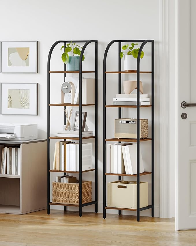 Hzuaneri Bookshelf Bookcase Narrow Bookcase Shelf Organizer with Steel Frame for Study Living Room Bedroom Kitchen Home Office Industrial Bookshelf 5-Tier Rustic Brown BC55001B