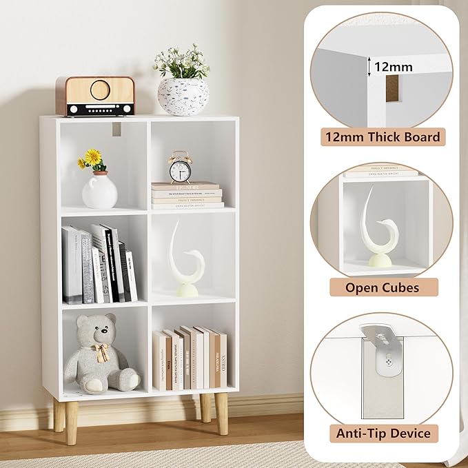 6 Cube Bookcase, Wooden Book Shelf Cube Storage Organizer with Legs, 3 Tier Bookshelf Freestanding Open Shelves for Bedroom, Living Room and Home Office (White, 6 Cube Vertical)