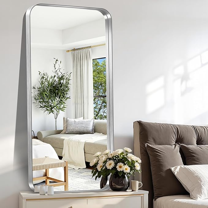 CIRCUMI Silver Bathroom Mirror, 24"x48" Rectangular Mirror with Deep Metal Frame, Rounded Corner, Tempered Glass, Large Mirror for Wall, Over 2 Sinks, Installed Vertically/Horizontally, Crystal-Clear