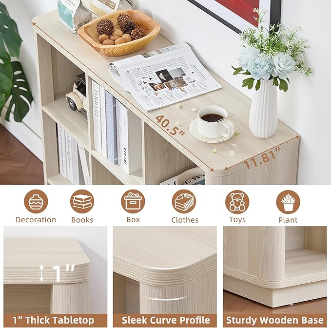 9 Cube Storage Book Shelf, 41" Tall Organizer Bookcase with Curved Edge, Wood Floor Standing 3-Tier Cubby Bookshelf with Base, Vintage Display Book Case for Bedroom,Office,Grey-White Cream Oak